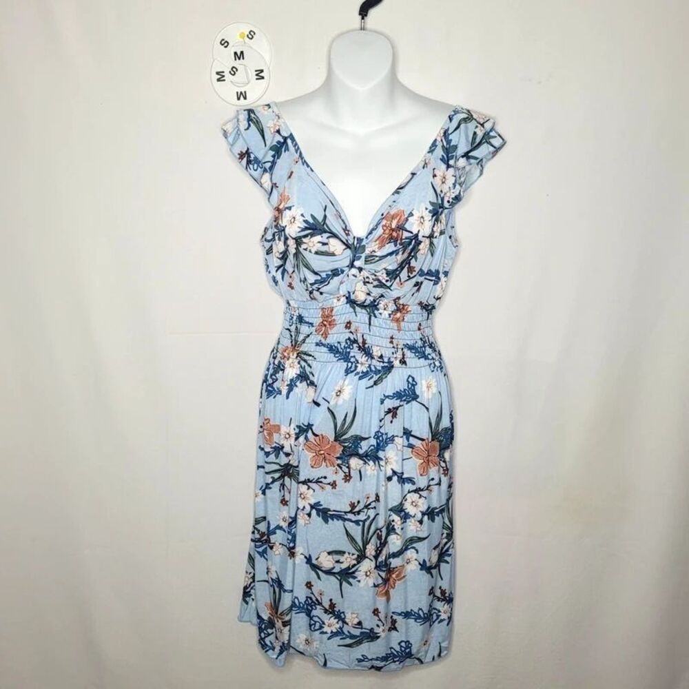NWT GM Blue Tropical Floral Smocked Dress Size Medium Cap Sleeve A-Line Mini